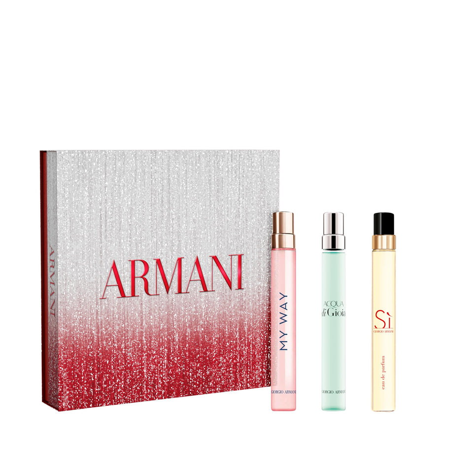 Armani Beauty discovery trio gift-set packaging ideal for gifting and travel.