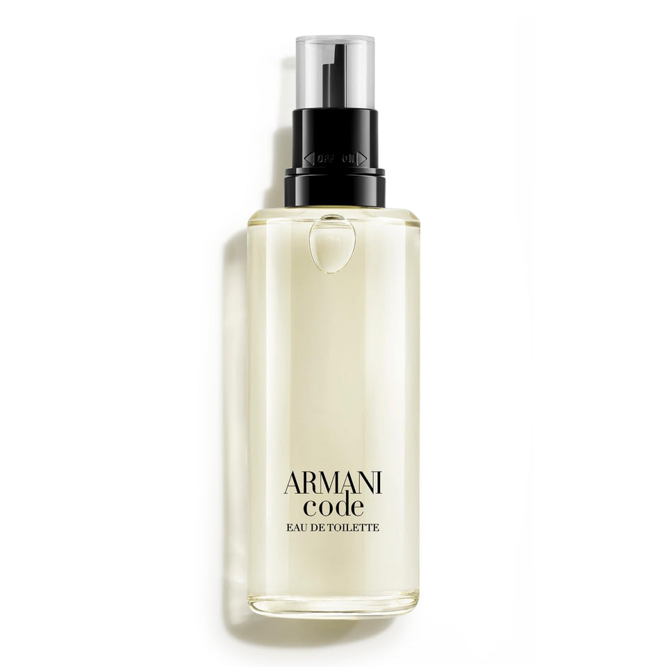Armani Code refill bottle top shows sleek luxury design and eco-friendly care