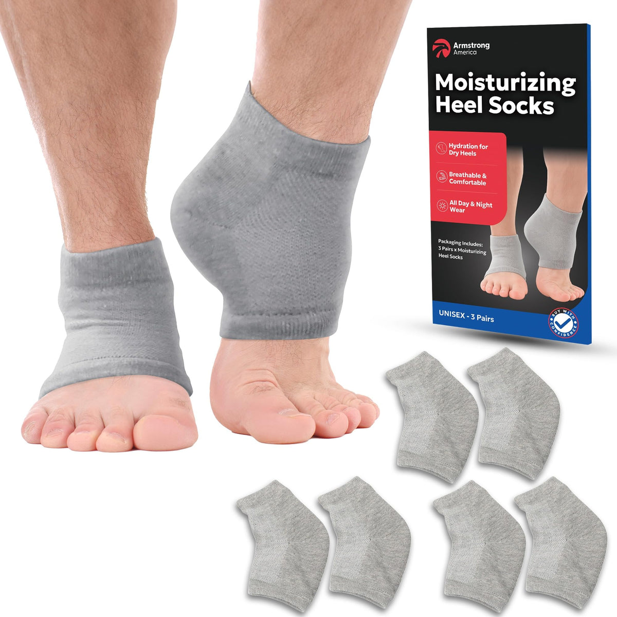 Armstrong America moisturizing heel socks in gray 3-pack for daily comfort