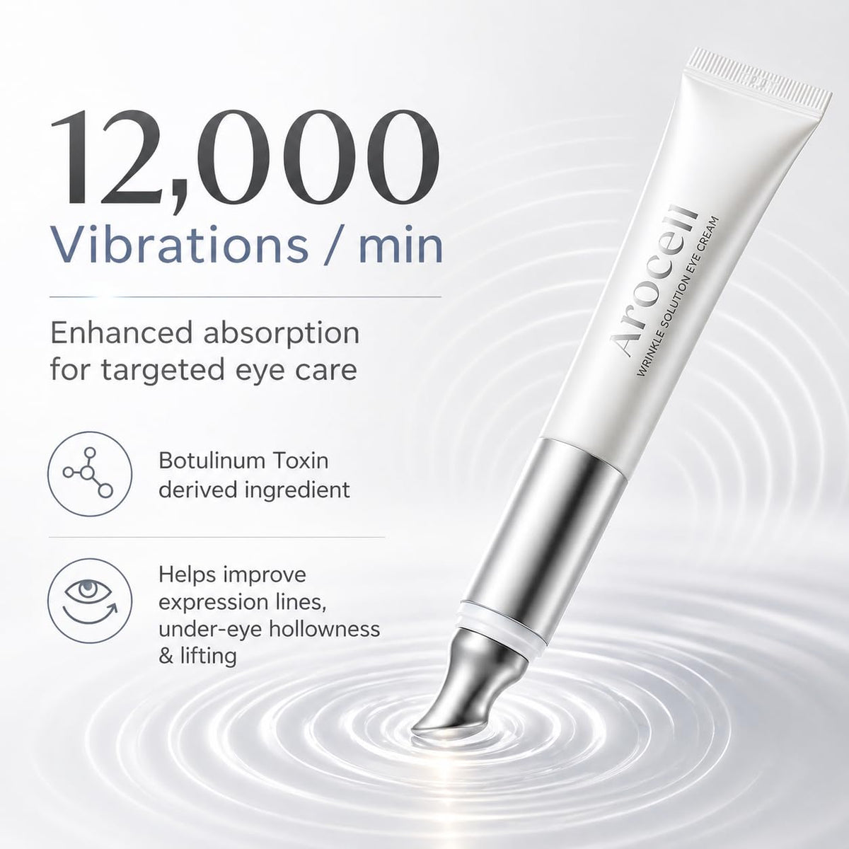AROCELL Botulcare applicator vibrating closeup showing 12,000 micro vibrations for absorption.
