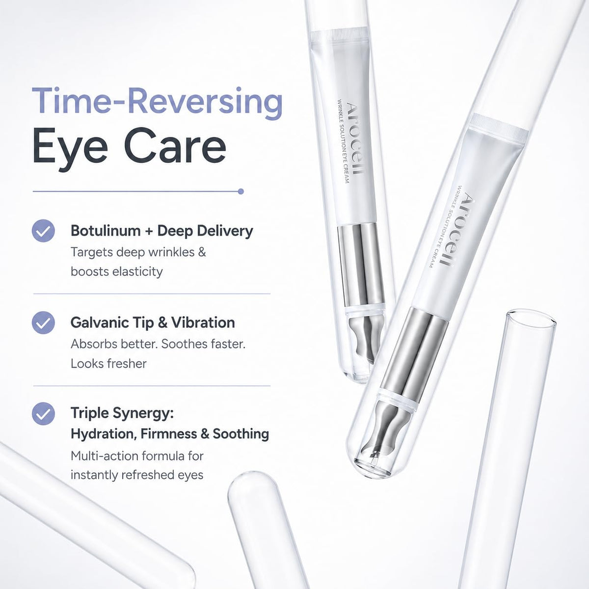 AROCELL Botulcare eye cream applied, gentle formula suitable for sensitive eyes.