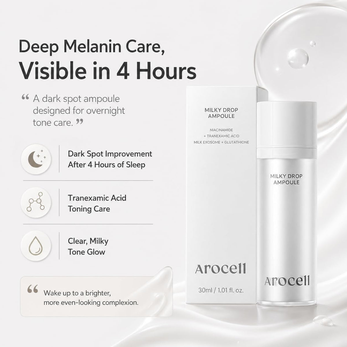 AROCELL Official Milky Drop Ampoule dropper cap enables precise application.