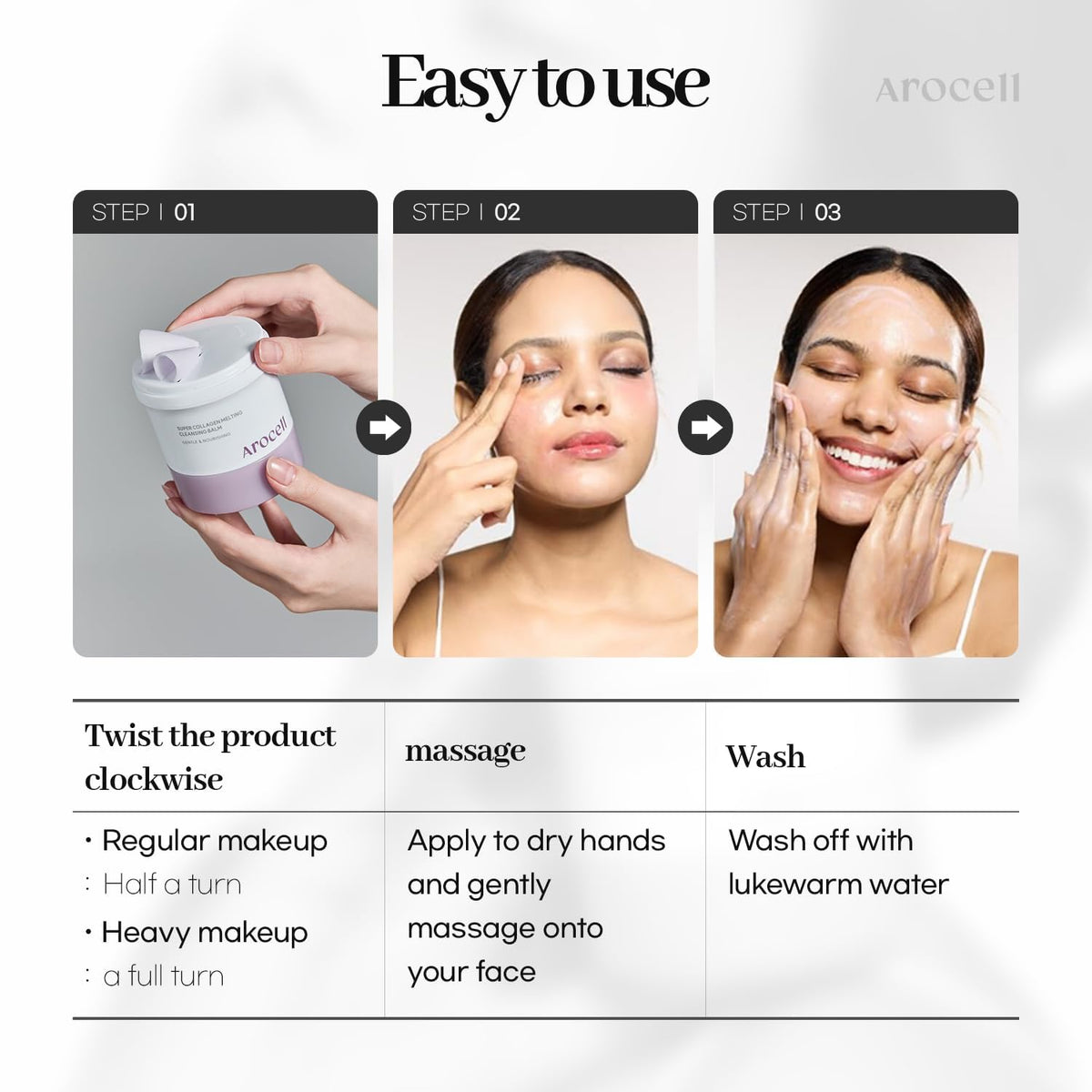 Easy daily use routine with AROCELL OFFICIAL balm for clean, nourished skin.