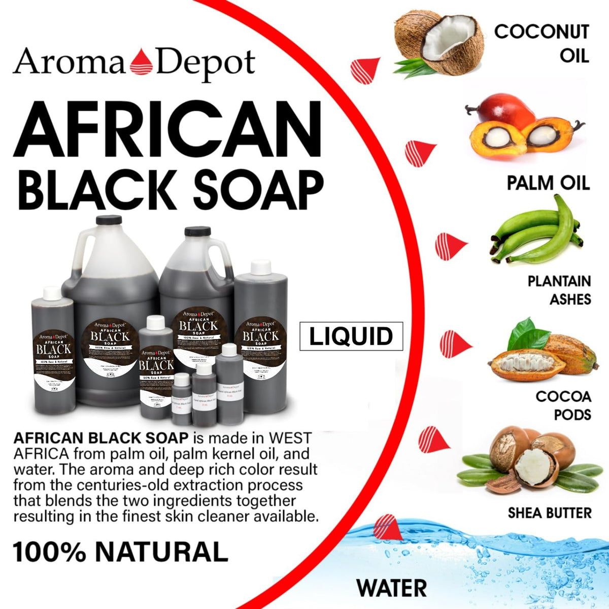 Close-up of Aroma Depot African Black Soap liquid texture with natural ingredients.