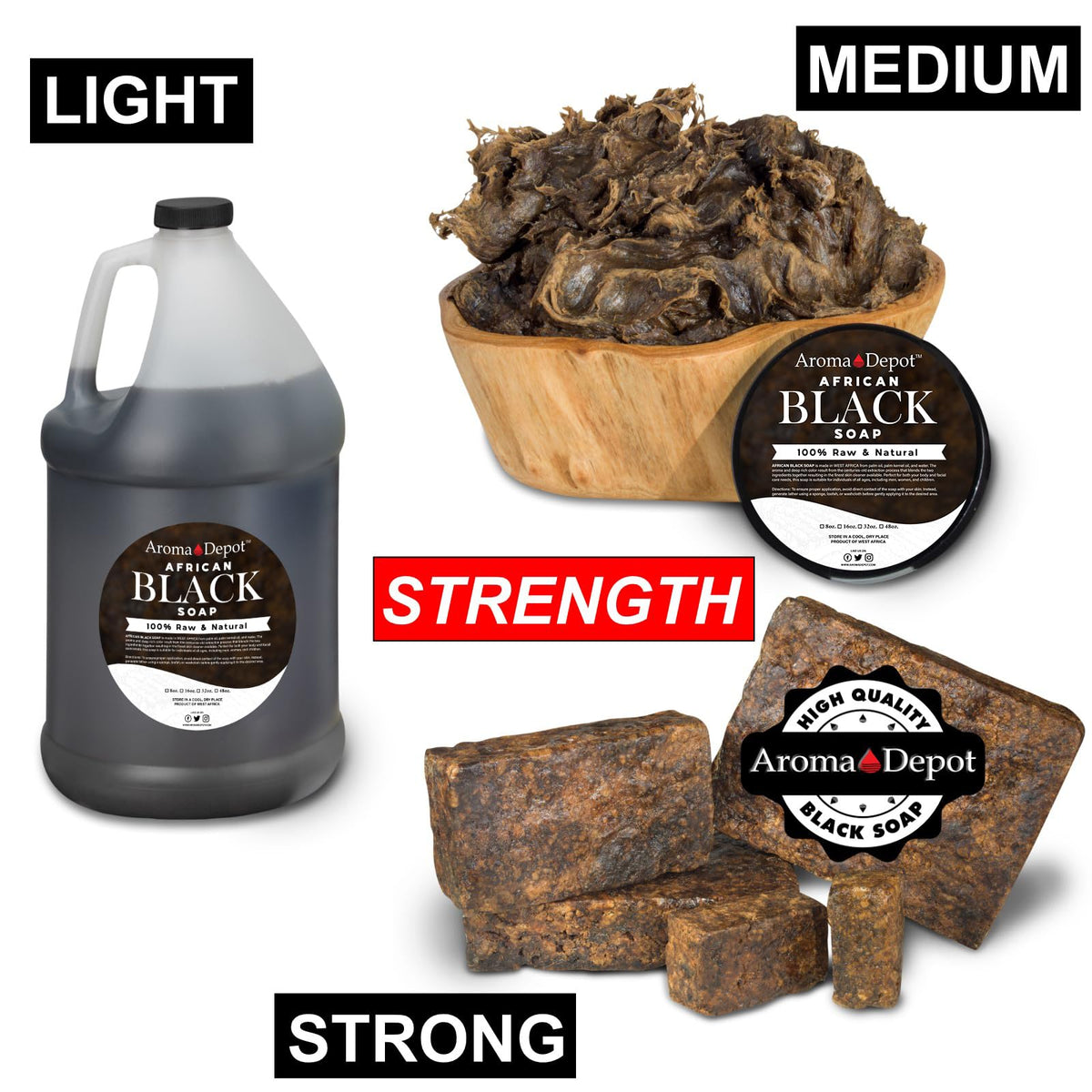 Aroma Depot pump-dispensed black soap for daily cleansing.