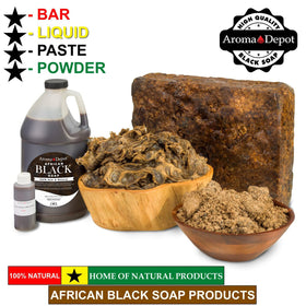 Ghana packaging of Aroma Depot Black Soap highlighting authenticity.