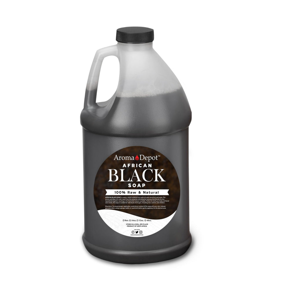 Aroma Depot Raw African Liquid Black Soap bottle showing a natural cleansing formula.