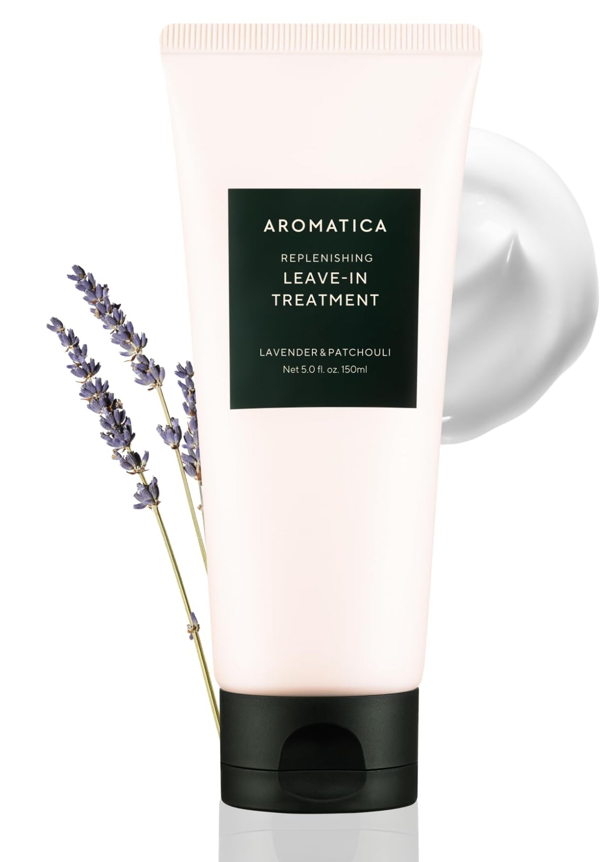 AROMATICA leave-in conditioner bottle with lavender for heat protection on curls.