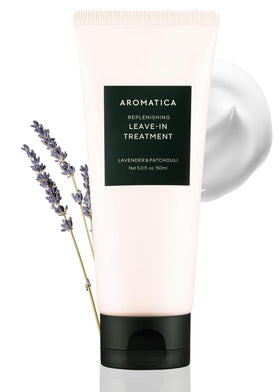 AROMATICA leave-in conditioner bottle with lavender for heat protection on curls.