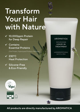 AROMATICA leave-in conditioner bottle with patchouli highlights detangling and frizz reduction.