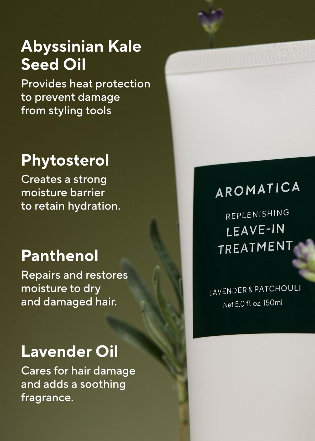 AROMATICA leave-in conditioner texture swatch reveals creamy, non-sticky consistency.