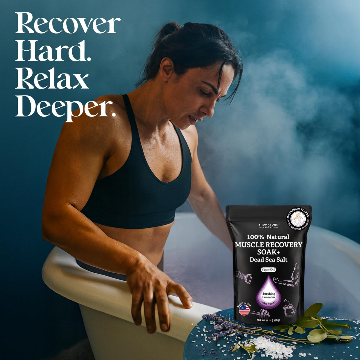 Aromasong US-made bath soak creates a calming ritual for sore muscles.