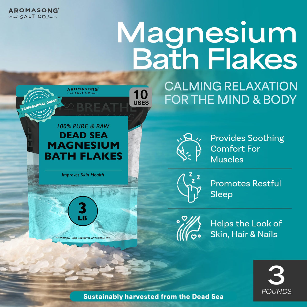 Aromasong bath salt dissolving in warm water to create a soothing soak.