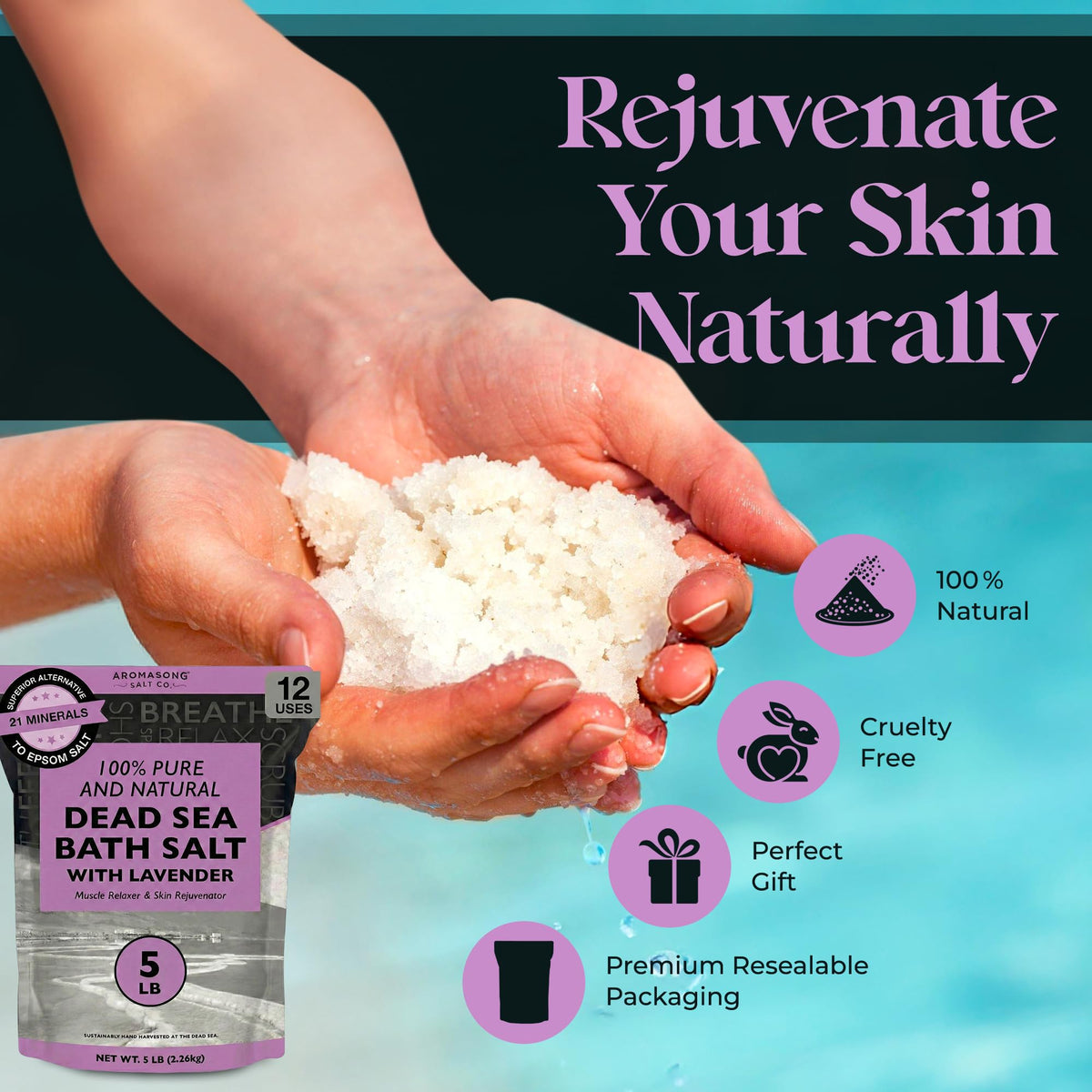 Aromasong bath salt closeup shows fine grain texture for gentle scrubs.