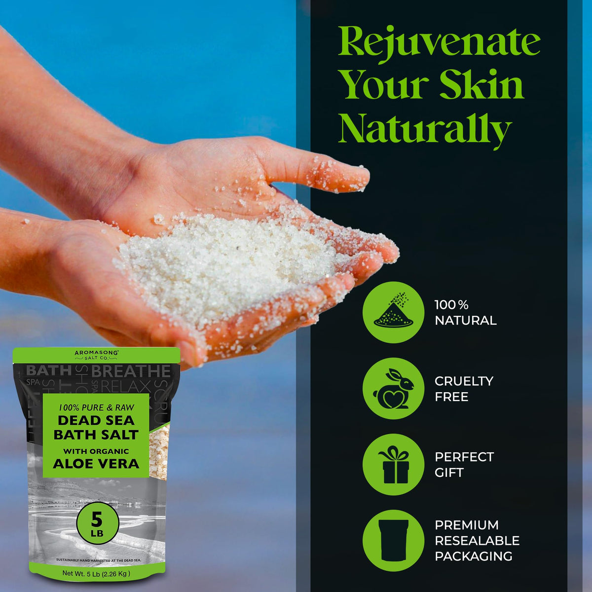 Aromasong bulk pack bath salt with reseal-friendly packaging.