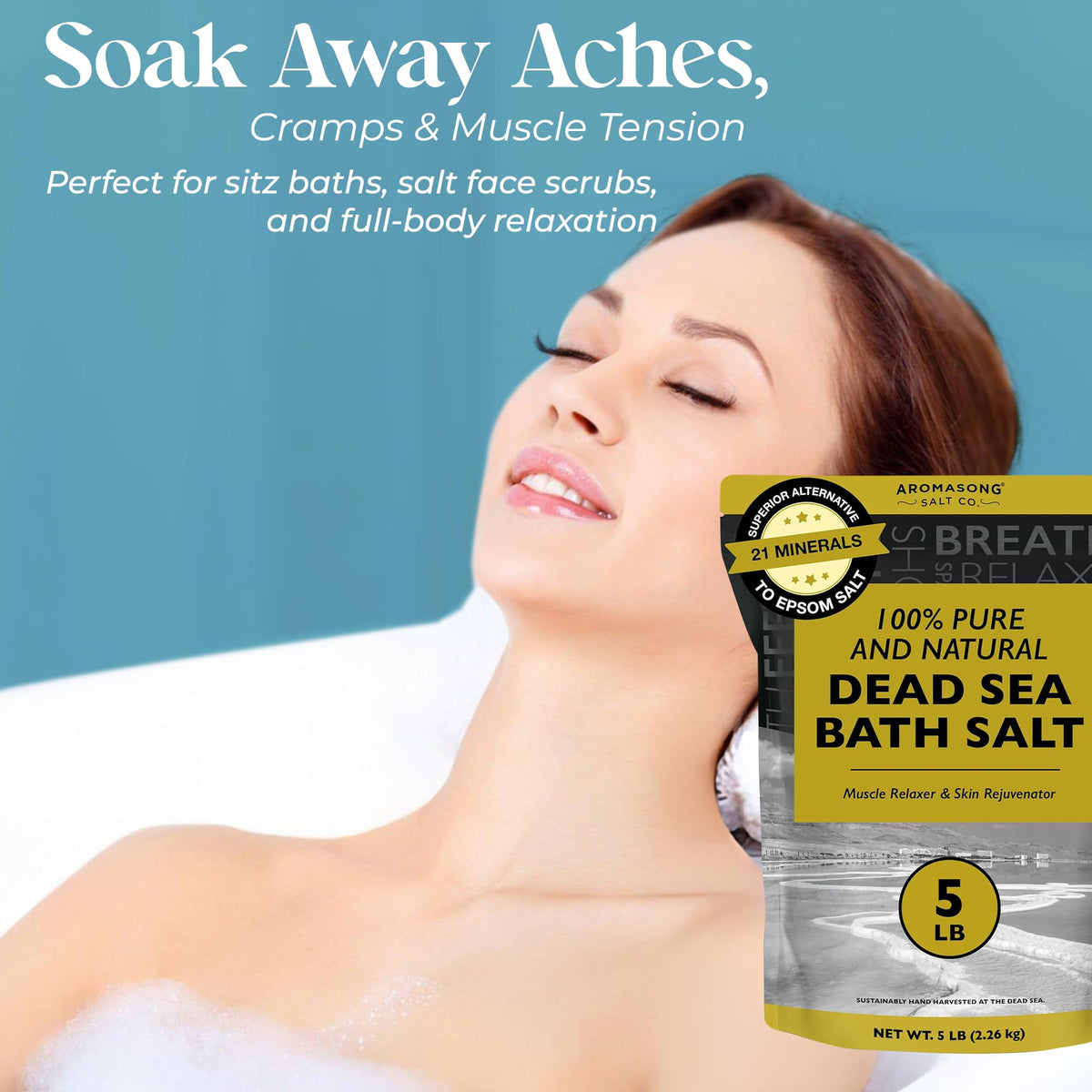 Aromasong Dead Sea Salt pour and dissolve for bath rituals.