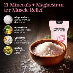 Aromasong Dead Sea Pregnancy Bath Soak mineral flakes closeup emphasizes 21 minerals for hydration.