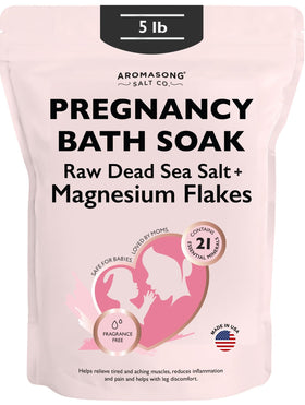 Aromasong Dead Sea Pregnancy Bath Soak packaging with unscented mineral bag for sensitive skin.