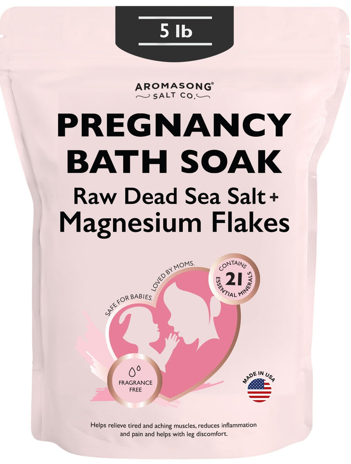 Aromasong Dead Sea Pregnancy Bath Soak packaging with unscented mineral bag for sensitive skin.