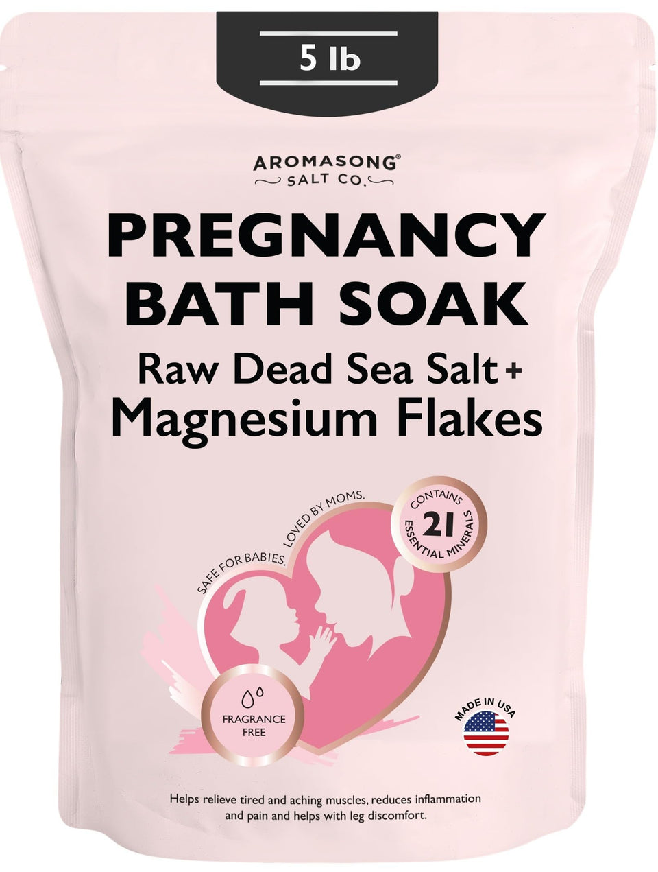 Aromasong Dead Sea Pregnancy Bath Soak packaging with unscented mineral bag for sensitive skin.