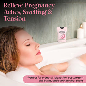 Aromasong Dead Sea Pregnancy Bath Soak dispersing minerals into warm water for hydrated skin.