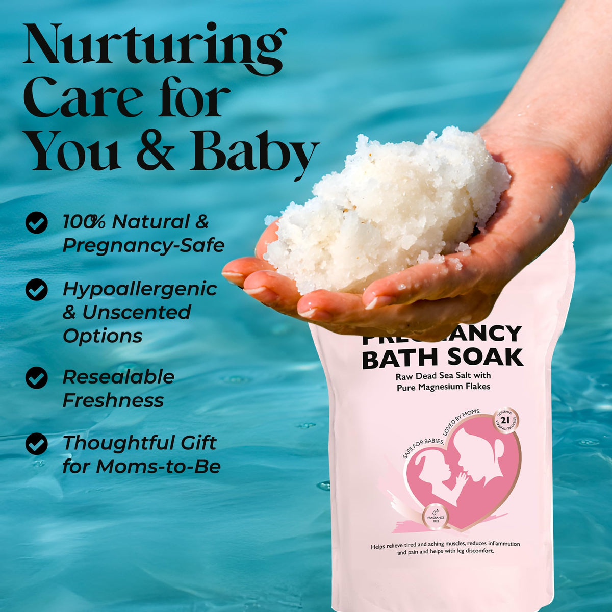 Aromasong Dead Sea Pregnancy Bath Soak in tub demonstrates relaxing soak for leg comfort.