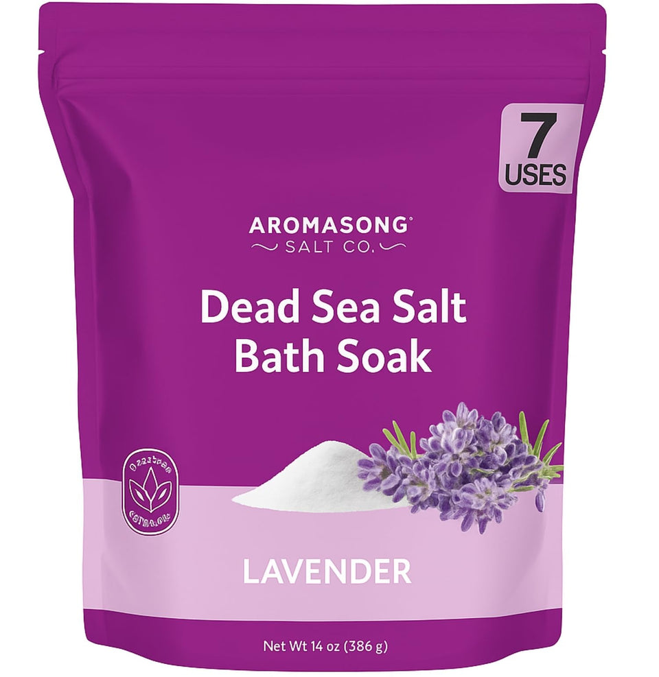 Aromasong Dead Sea Salt Lavender bottle for a soothing mineral soak and smoother skin