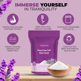 Aromasong Dead Sea Salt Lavender crystals close-up, showcasing mineral-rich exfoliation potential