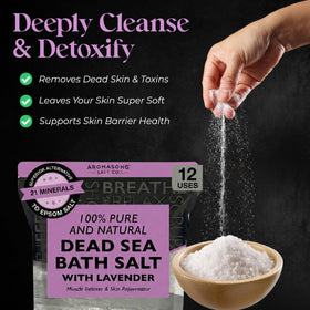 Aromasong Dead Sea Salt Lavender label highlights natural lavender infusion.