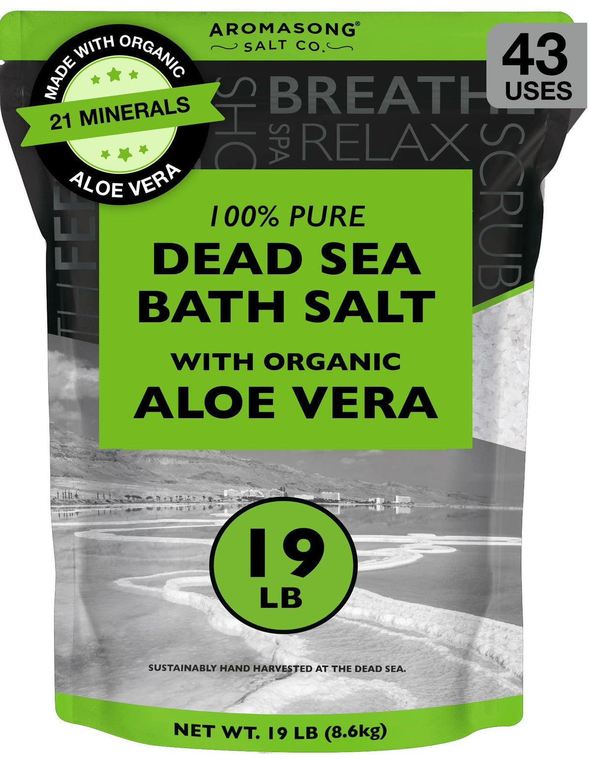 Aromasong Dead Sea Salt bottle with Organic Aloe for deep hydration and soothing skin.