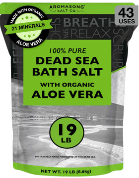 Aromasong Dead Sea Salt bottle with Organic Aloe for deep hydration and soothing skin.