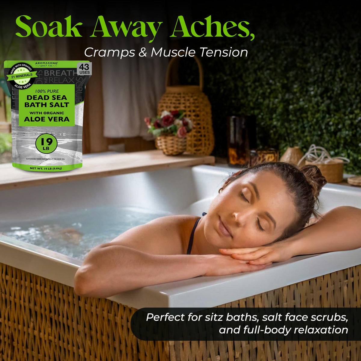 Aromasong Dead Sea Salt with Aloe shows 21 minerals for glow and recovery after exercise.