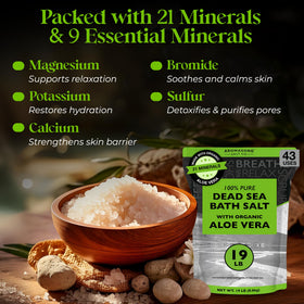 Aromasong Dead Sea Salt pour image emphasizes sitz baths and gentle exfoliation.