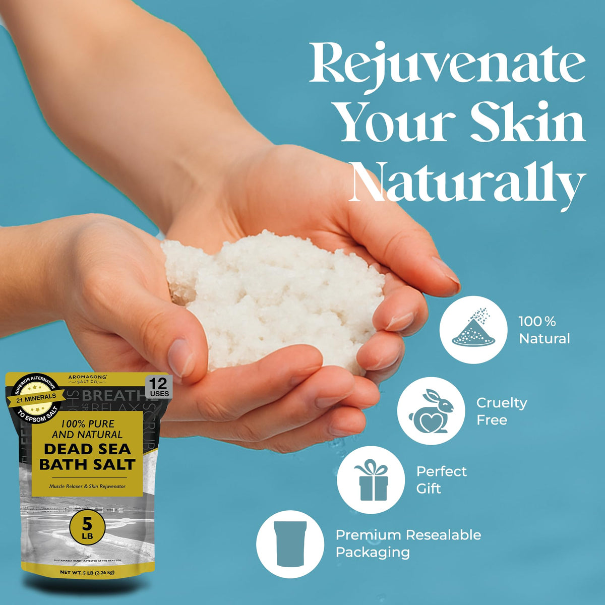Aromasong Dead Sea Salt relaxes tired muscles during spa-like soaks.