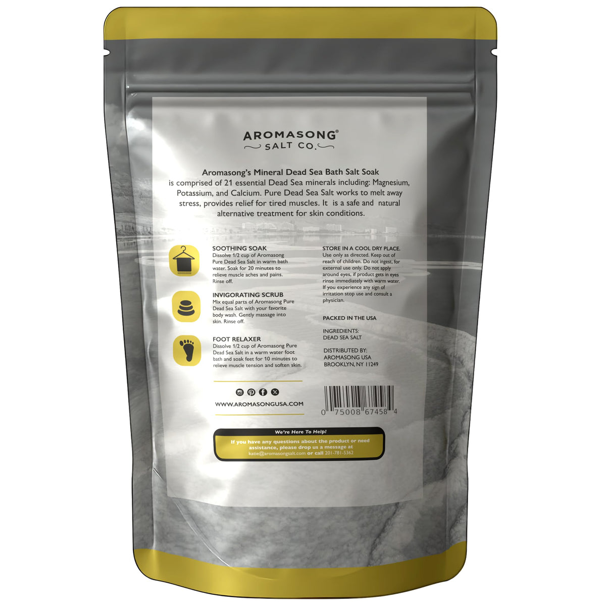Aromasong Dead Sea Salt reseal pack keeps minerals fresh between uses.