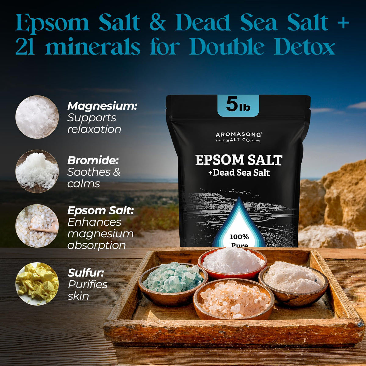 Aromasong Epsom Salt 5lb bulk pack emphasizing value and frequency of use