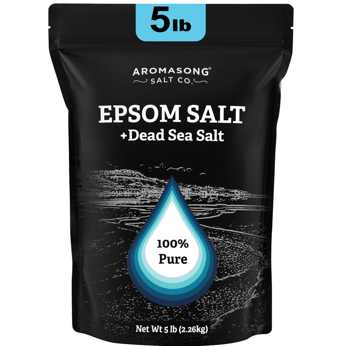 Aromasong Epsom Salt bottle pouring, mineral-rich bath base for a soothing soak
