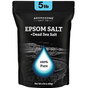 Aromasong Epsom Salt bottle pouring, mineral-rich bath base for a soothing soak