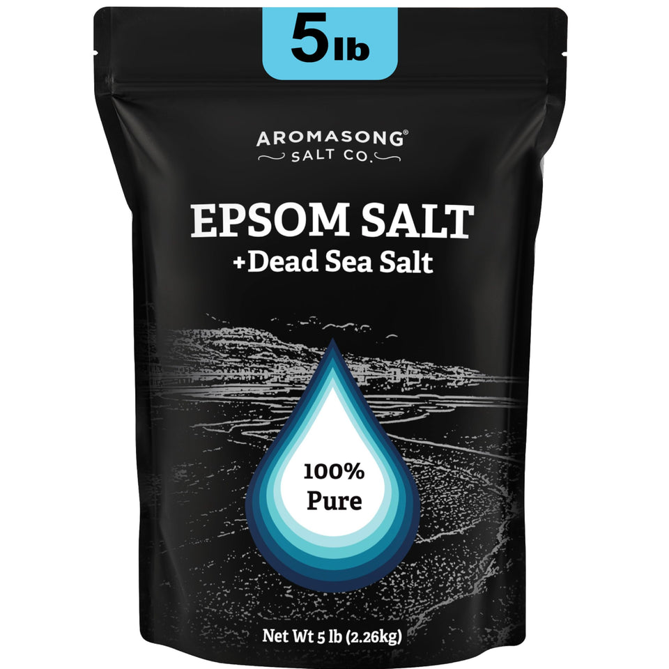 Aromasong Epsom Salt bottle pouring, mineral-rich bath base for a soothing soak
