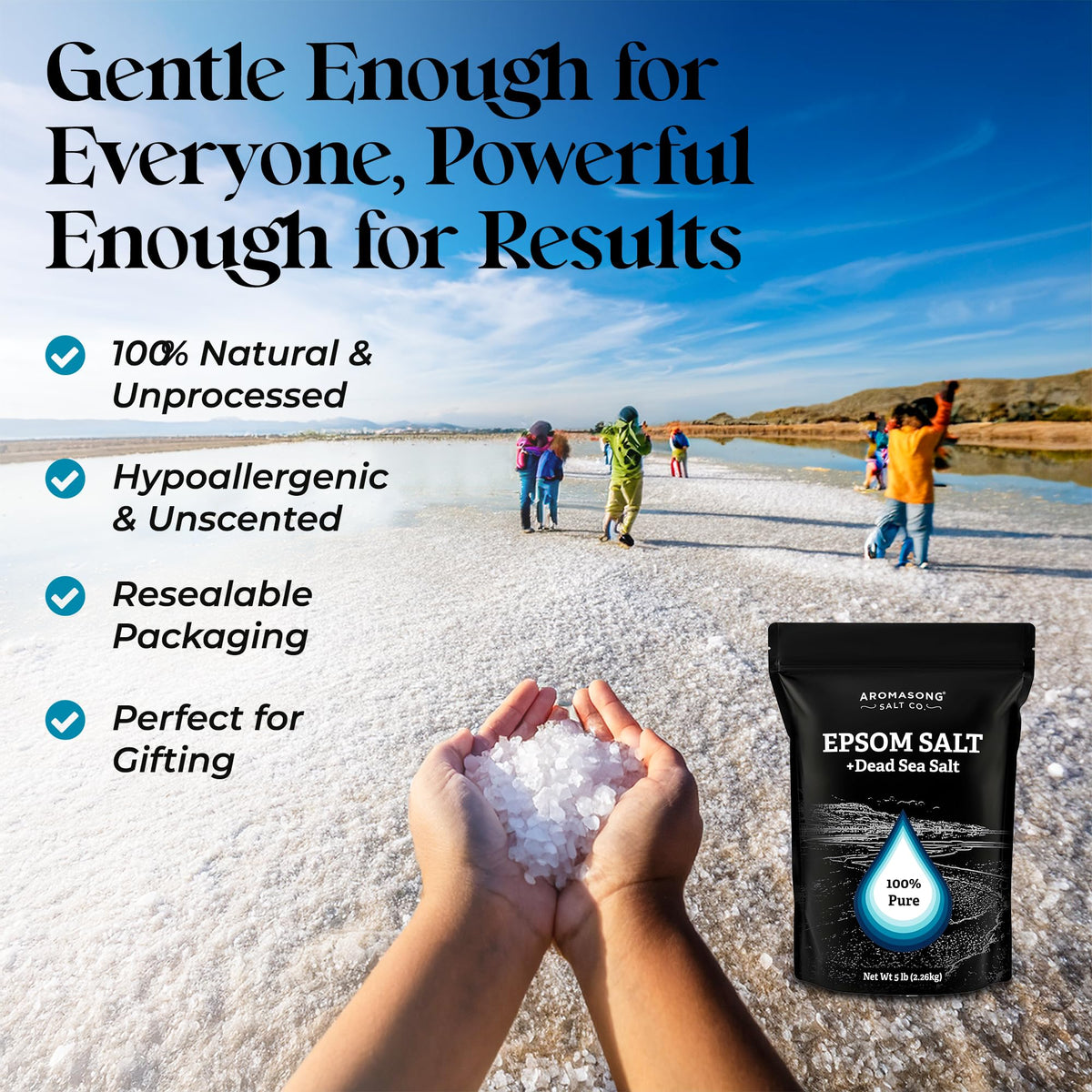 Aromasong Epsom Salt fragrance-free packaging highlighting fragrance-free formula