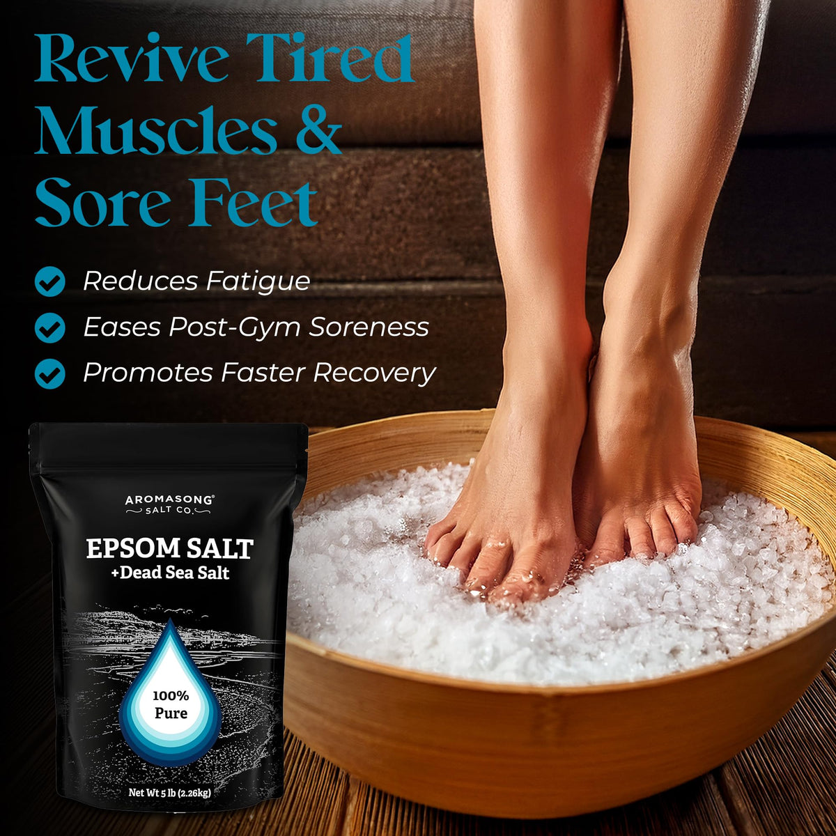 Aromasong Epsom Salt relaxing bath pour suggesting magnesium-rich warmth