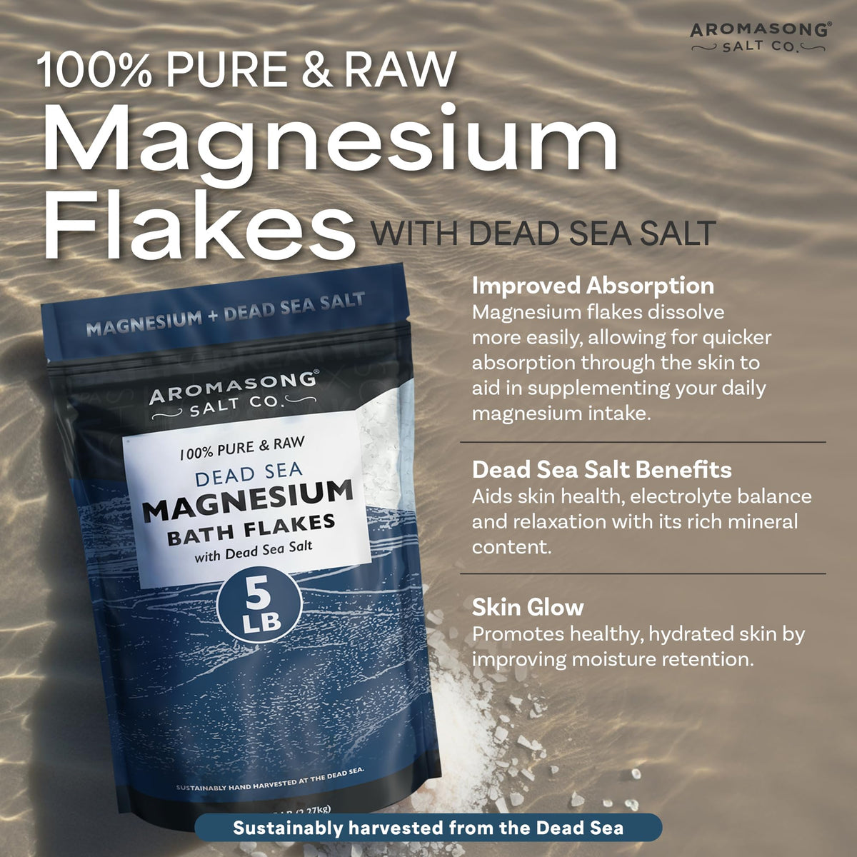 Aromasong magnesium chloride flakes dissolving in a tub for muscle-relaxing bath