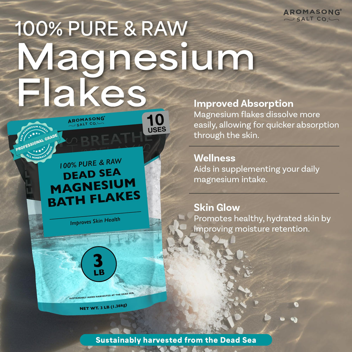 Aromasong magnesium chloride flakes mixing with water for a detox-like soak.