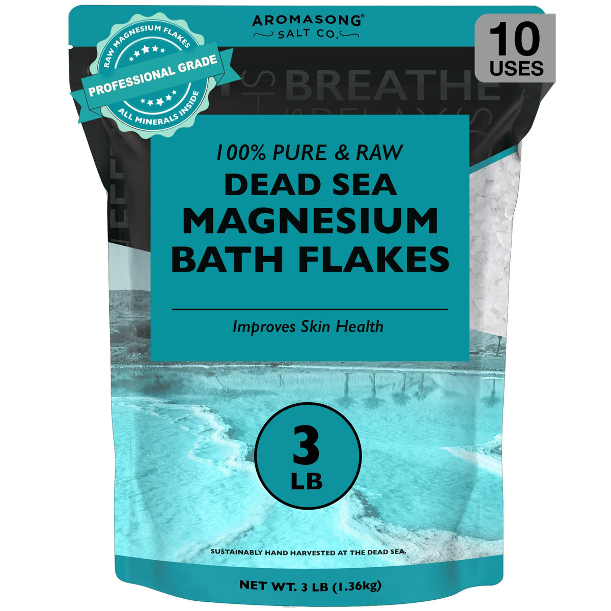 Aromasong magnesium flakes in a Dead Sea jar for a relaxing bath.