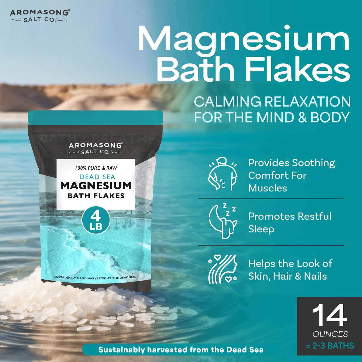 Aromasong magnesium flakes raw crystals close-up highlight mineral-rich texture for skin.
