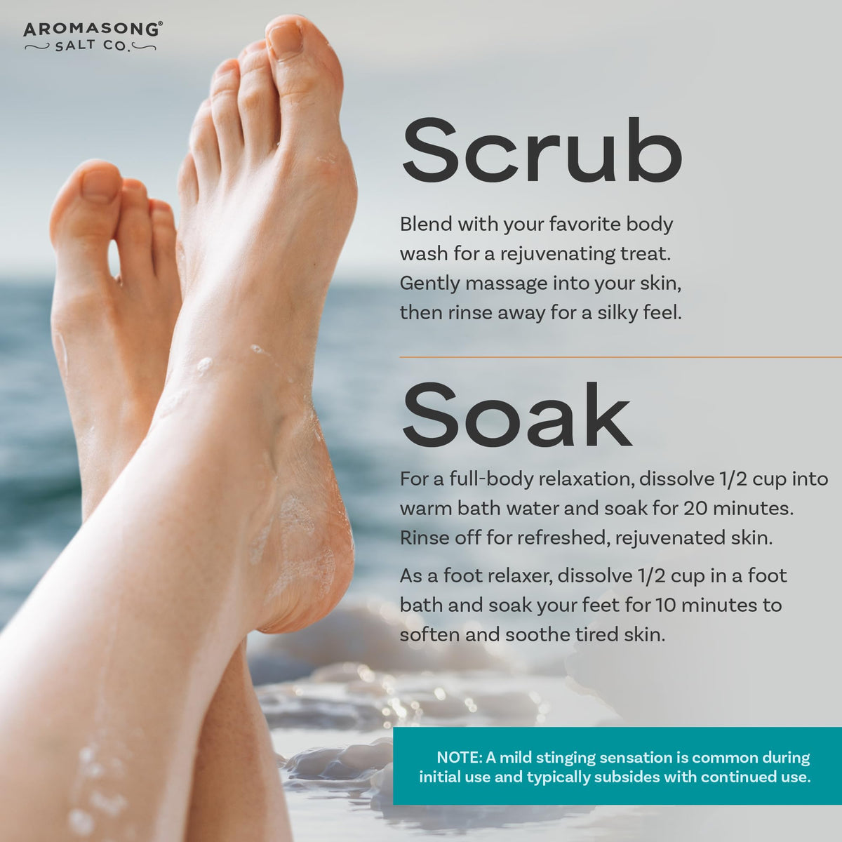 Aromasong magnesium flakes relaxing bath scene suggesting full-body calm.