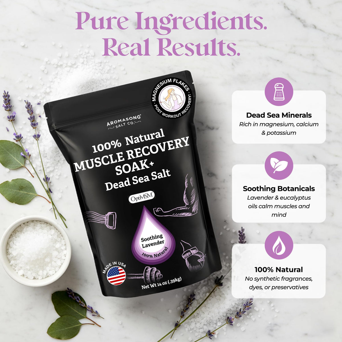 Aromasong muscle recovery bath soak jar ready to pour into warm water for relief.