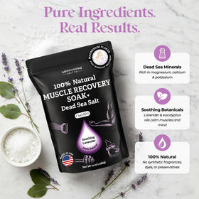 Aromasong muscle recovery bath soak jar ready to pour into warm water for relief.