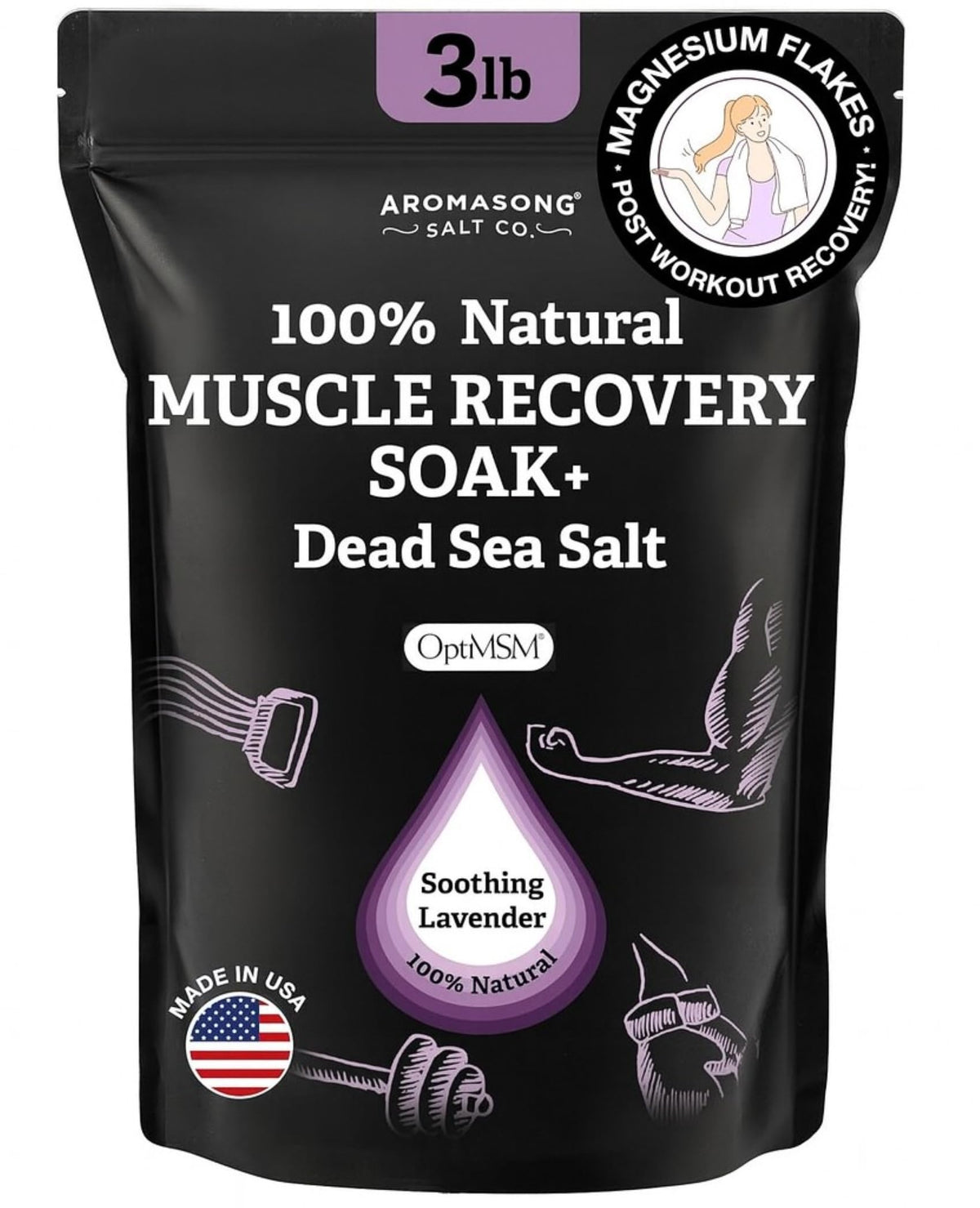 Aromasong muscle recovery bath soak packaging promotes calm, simple tub prep.