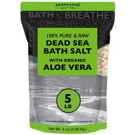 Aromasong raw Dead Sea salt with aloe vera in resealable bag for soothing baths.